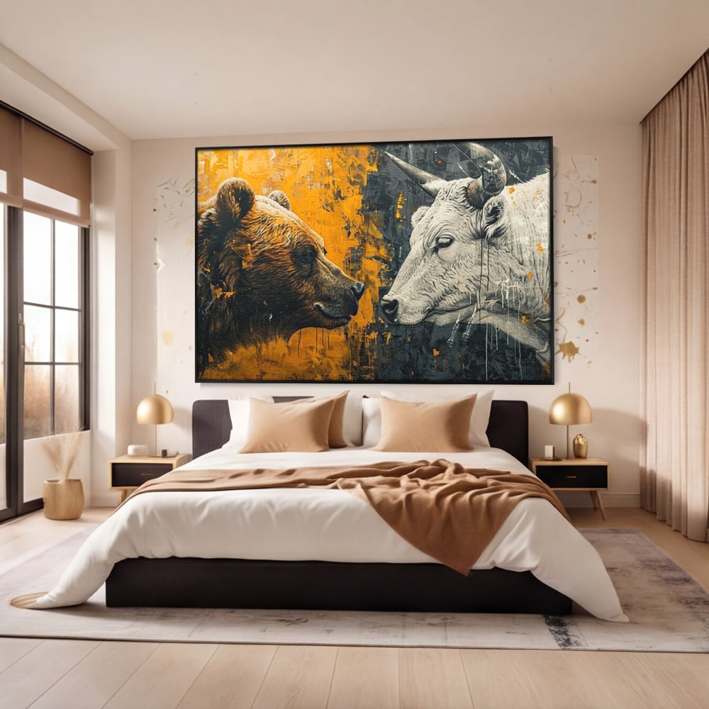 Tablou canvas cu tablou canvas cu urs si taur, in rama de aluminiu negru, pe perete intr-un dormitor